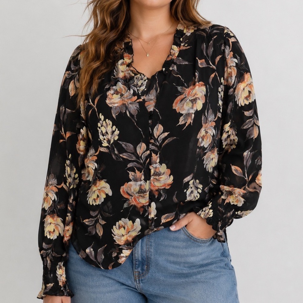 Maurices 2X Floral Blouse Ruffle Button Front Romantic Cottagecore Boho Women